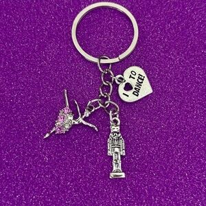 Silver Dance and Nutcracker Charm Keychain with Purple Accents. Handmade